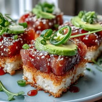 Spicy Tuna Crispy Rice Bites: golden squares topped with vibrant tuna and creamy avocado.