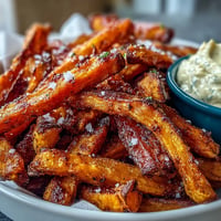 Golden air fryer sweet potato fries piled high with creamy chipotle aioli.