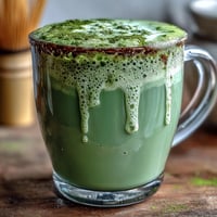 Creamy matcha oat milk latte, a naturally vibrant green, healthy morning energy boost.