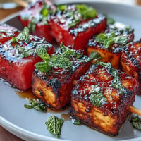 Grilled Halloumi and Watermelon Skewers feature charred salty cheese and sweet fruit.